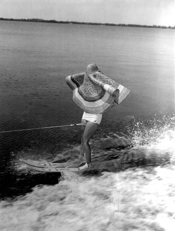 
Florida Memory
Young woman stunt water skiing with a large hat covering her face - Cypress Gardens